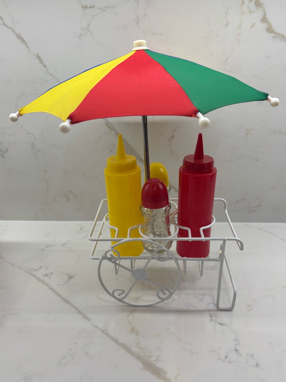 Vintage Condiment Cart Caddy Umbrella Ketchup Mustard Salt Pepper New Old Stock